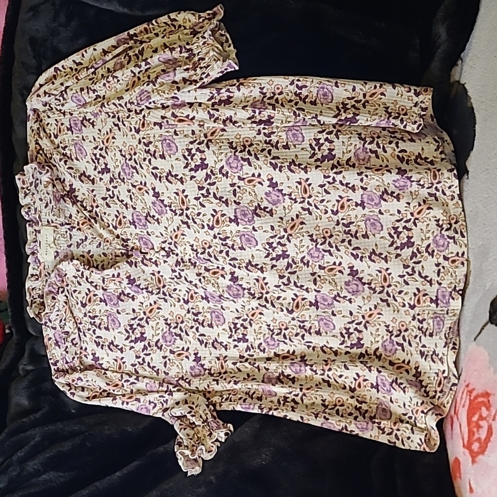 $5🧨 MELLODAY Floral Print Gathered short slv Blouse Pullover - Picture 3 of 13